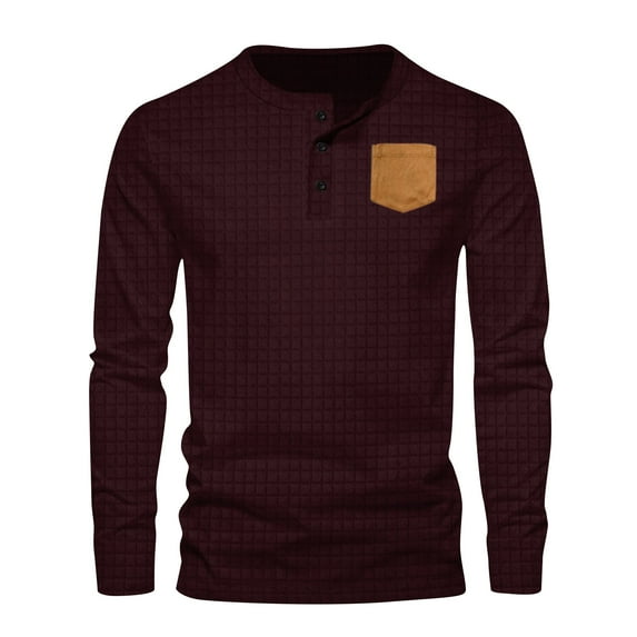 Brglopf Men's Waffle Knit Shirts Casual Long Sleeve Round Neck Henley Shirts Slim Fit Solid Pullover Tops with Patchwork Pocket