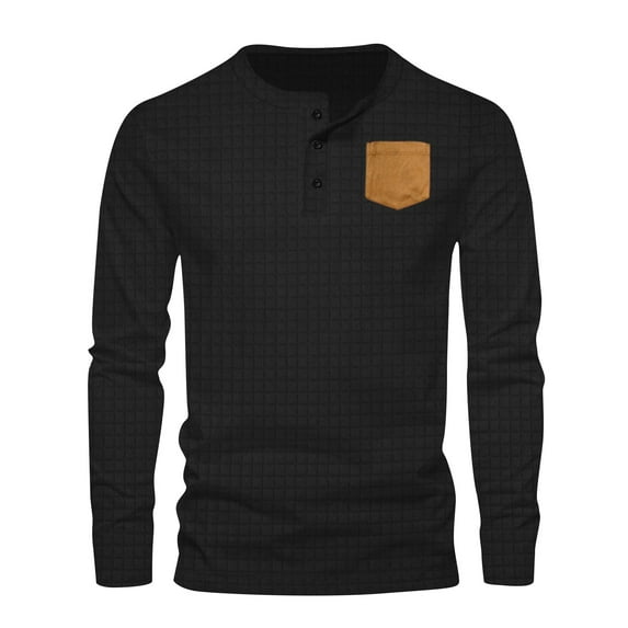 Brglopf Men's Waffle Knit Shirts Casual Long Sleeve Round Neck Henley Shirts Slim Fit Solid Pullover Tops with Patchwork Pocket