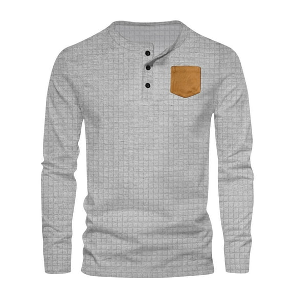 Brglopf Men's Waffle Knit Shirts Casual Long Sleeve Round Neck Henley Shirts Slim Fit Solid Pullover Tops with Patchwork Pocket
