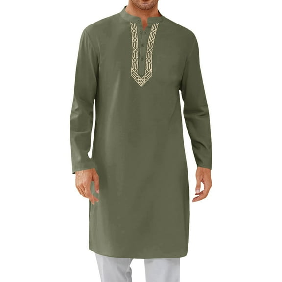 Brglopf Mens Kaftan Thobe Button Down Casual Henley Shirts Long Sleeve Robe Cotton Linen Muslim Gown Shirt Army Green XL