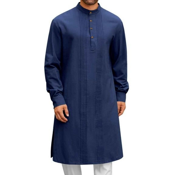 Brglopf Mens Kaftan Thobe Button Down Henley Shirts Robe Long Sleeve Casual Cotton Linen Side Split Muslim Gown Shirt Navy M