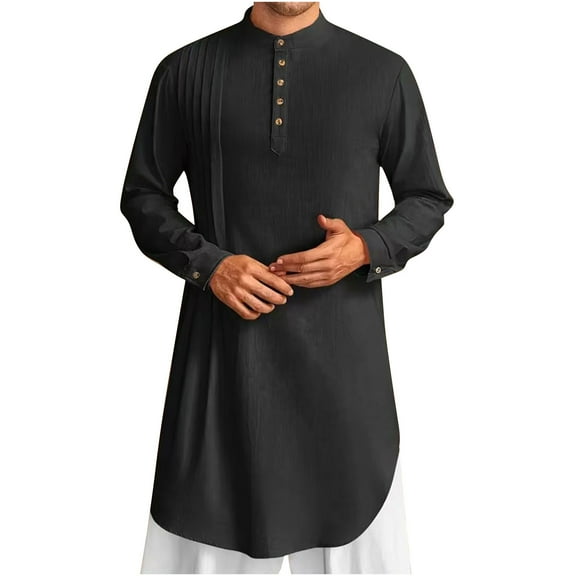 Brglopf Mens Kaftan Thobe Button Down Long Sleeve Robe Casual Henley Shirts Cotton Linen Muslim Gown Tops Black XL