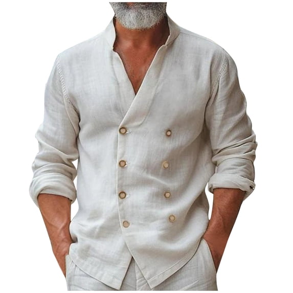 Brglopf Mens Long Sleeve Shirts Dressy Casual Double-Breasted Wedding Shirts Comfy Loose Fitted Stand Collar Vacation Shirt