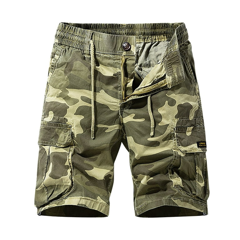 Brglopf Mens Outdoor Camouflage Cargo Shorts Multi-Pocket Cotton Casual  Elastic Waist Lightweight Fishing Hiking Shorts(Khaki,L)