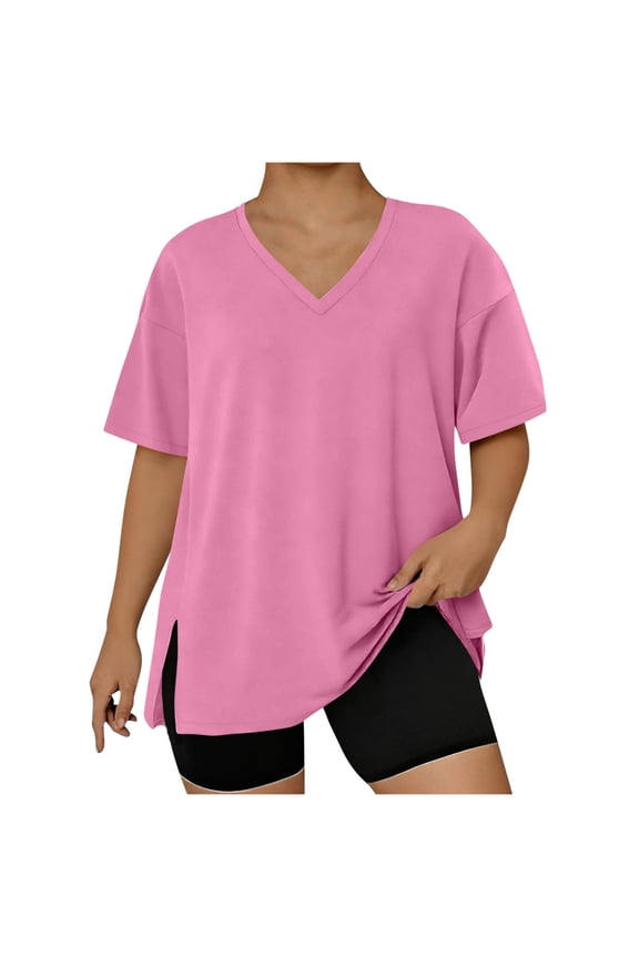 Oversized Tshirts for Women Plus Size V Neck Short Sleeve Tees Side Slit Summer Casual Basic Loose Fit Tunic Tops(Pink,L)