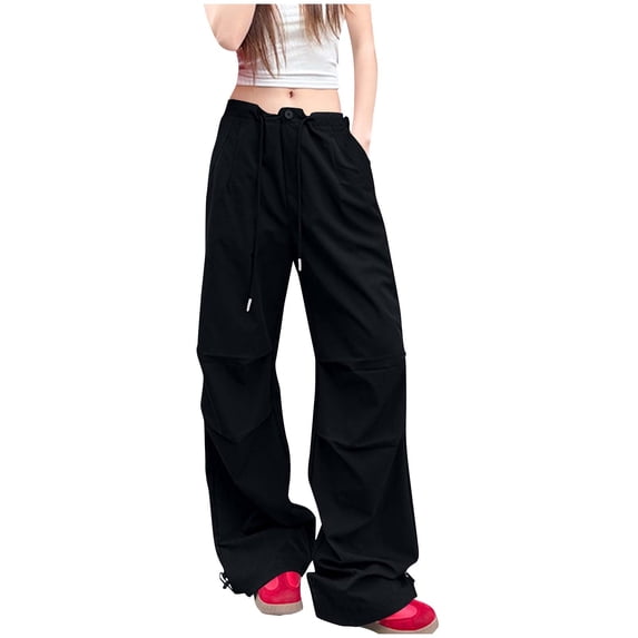 Brglopf Parachute Pants for Women Y2K Baggy Cargo Pants Drawstring Jogger Trousers Low Rise Wide Leg Sweatpants with Pockets Black M