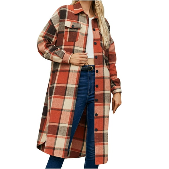 Brglopf Plaid Shacket Jacket Women Button Down Long Flannel Shirt Fall Oversized Jackets Trendy Winter Coats with Pockets