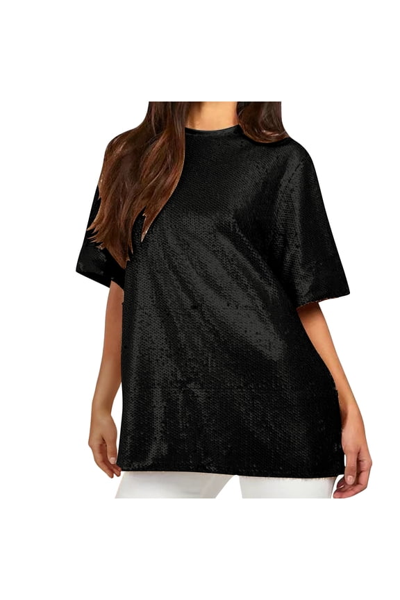 Plus Size Sequin Top for Women Short Sleeve Party Blouse Evening Party Sparkle Shimmer Crewneck Glitter Shirts(Black,XL)