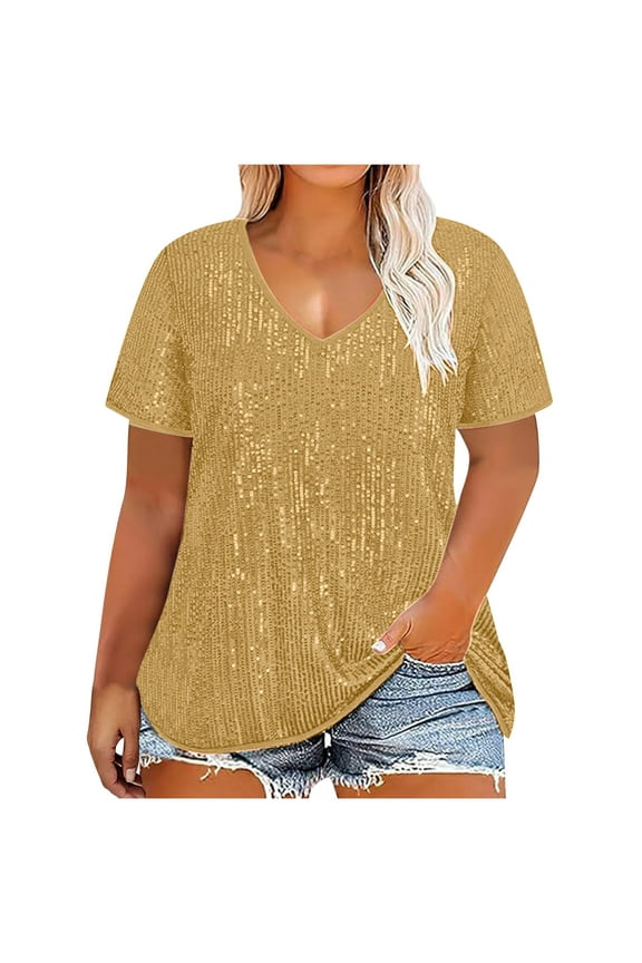 Plus Size Sequin Top for Women Short Sleeve Party Blouse Evening Sparkle Shimmer V Neck Glitter Tunic Shirt XL-5XL(Gold,3XL)
