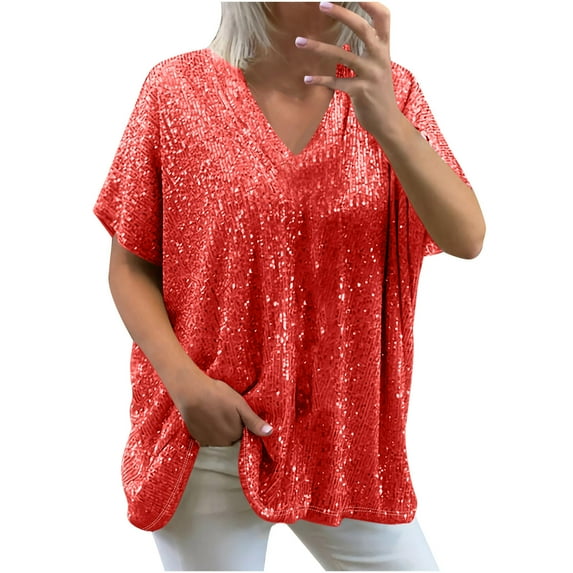 Brglopf Plus Size Sequin Tops for Women Casual Loose Sparkly Blouses Fit Deep V Half Sleeve Evening Party Shirts