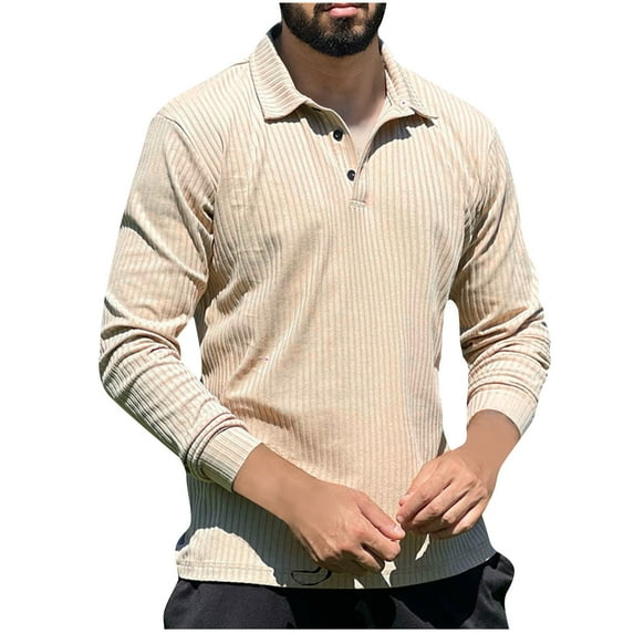 Brglopf Polo Shirts for Men Ribbed Knitted Long Sleeve Slim Fit Golf T-Shirts Casual Button Lapel Fall Solid Color Shirts