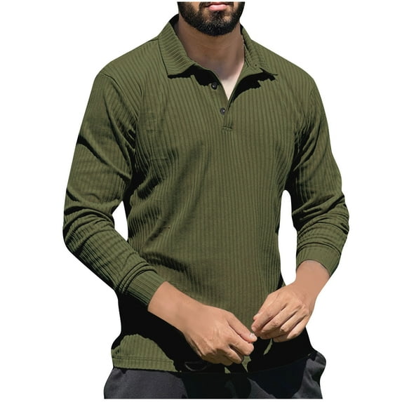 Brglopf Polo Shirts for Men Ribbed Knitted Long Sleeve Slim Fit Golf T-Shirts Casual Button Lapel Fall Solid Color Shirts