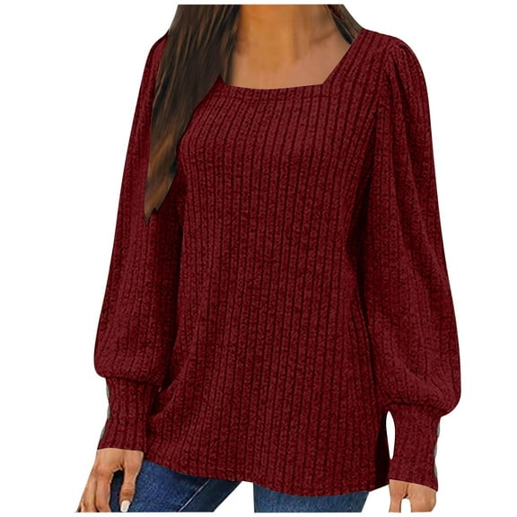 Brglopf Puff Long Sleeve Shirts for Women Fall Fashion Dressy Casual Square Neck Tops Lightweight Ribbed Knit Tunic Sweaters Wine M