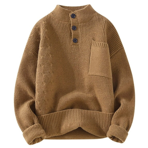 Brglopf Pullover Sweaters for Men Solid Color Mock Neck Long Sleeve Sweaters Button Henley Cable Knitted Tops with Pocket
