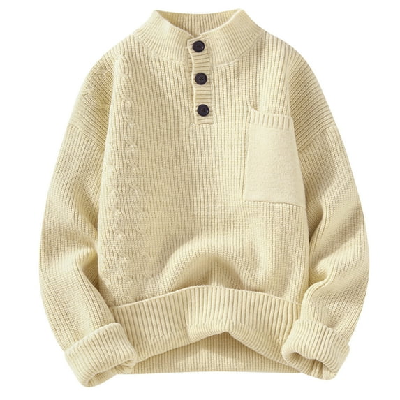 Brglopf Pullover Sweaters for Men Solid Color Mock Neck Long Sleeve Sweaters Button Henley Cable Knitted Tops with Pocket