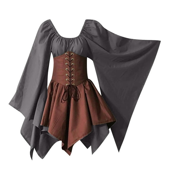 Brglopf Renaissance Medieval Dress for Women Costume Flare Sleeve Corset Skirt Overskirt Over Gown Gray 3XL