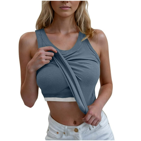 Brglopf Ribbed Workout Yoga Tank Tops for Women with Built in Bra Tight Racerback Scoop Neck Athletic Top Sleeveless Shirts(Navy,S)