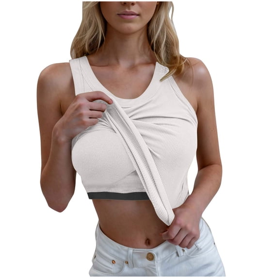 Brglopf Ribbed Workout Yoga Tank Tops for Women with Built in Bra Tight Racerback Scoop Neck Athletic Top Sleeveless Shirts(White,XL)