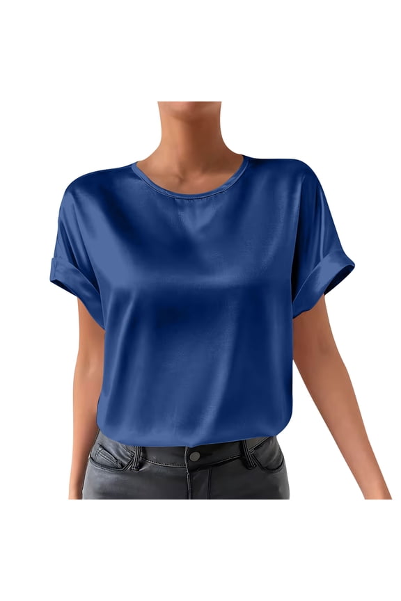 Satin Blouse for Women Business Casual Short Sleeve Tops Crewneck Tshirt Summer Dressy Work Silk Shirts(Navy,L)