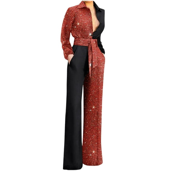Brglopf Sequin Jumpsuits for Women Elegant Long Sleeve V Neck Jumpsuit Casual Long Wide Leg Pants with Belt