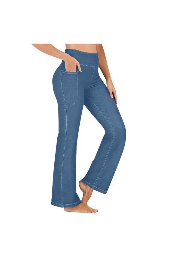 Stretchy Flare Jeans for Women High Waisted Pull On Bell Bottom Jeans Trendy Elastic Tummy Control Bootcut Denim Pants with Pockets Blue L