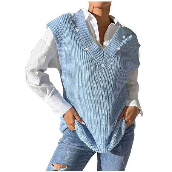 Brglopf Sweaters Vests for Women Trendy Pearl Trim V-Neck Sleeveless Pullover Tops Casual Solid Color Loose Fit Knit Vests
