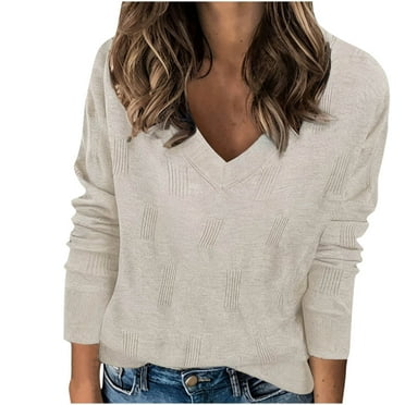 Brglopf Sweaters for Women Solid Color Long Sleeve Casual Pullover Sweaters V-Neck Fall Winter Cable Knitted Tunic Tops