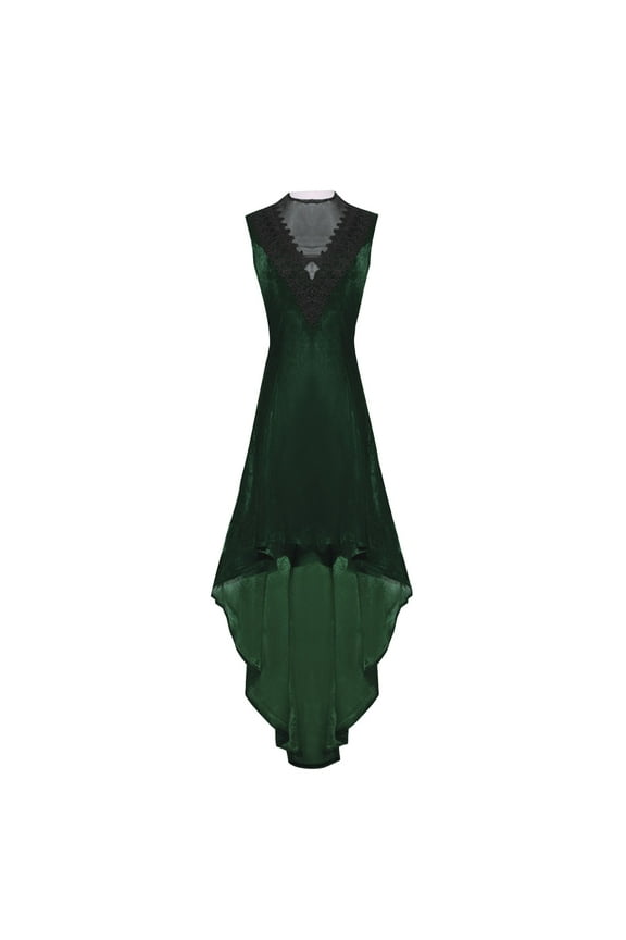 Vintage Gothic Dress for Women Sleeveless Retro Velvet Hi-Low Midi Dress Medieval Renaissance Party Cocktail Dresses(Green,XXL)