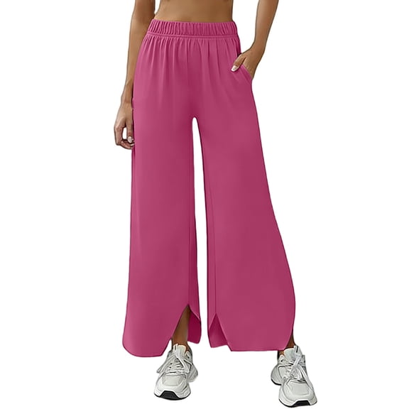 Brglopf Wide Leg Yoga Pants for Women Elastic High Waisted Flowy Trousers Slit Hem Summer Lounge Sweatpants with Pockets Hot Pink L