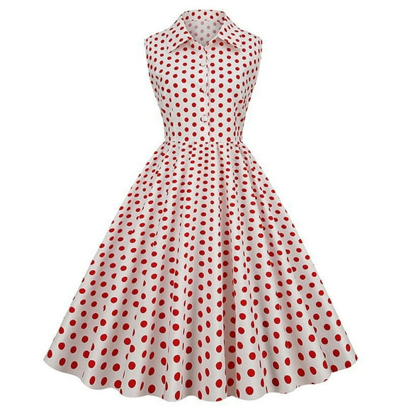 Brglopf Women 50s 60s Vintage Dress Sleeveless Lapel Cocktail A Line Swing Dress 1950s Polka Dot Audrey Rockabilly Prom Party Dresses Hot Pink S