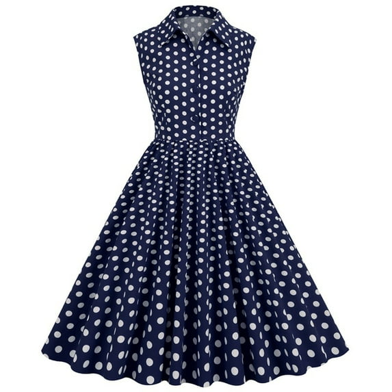Brglopf Women 50s 60s Vintage Dress Sleeveless Lapel Cocktail A Line Swing Dress 1950s Polka Dot Audrey Rockabilly Prom Party Dresses Navy Blue M