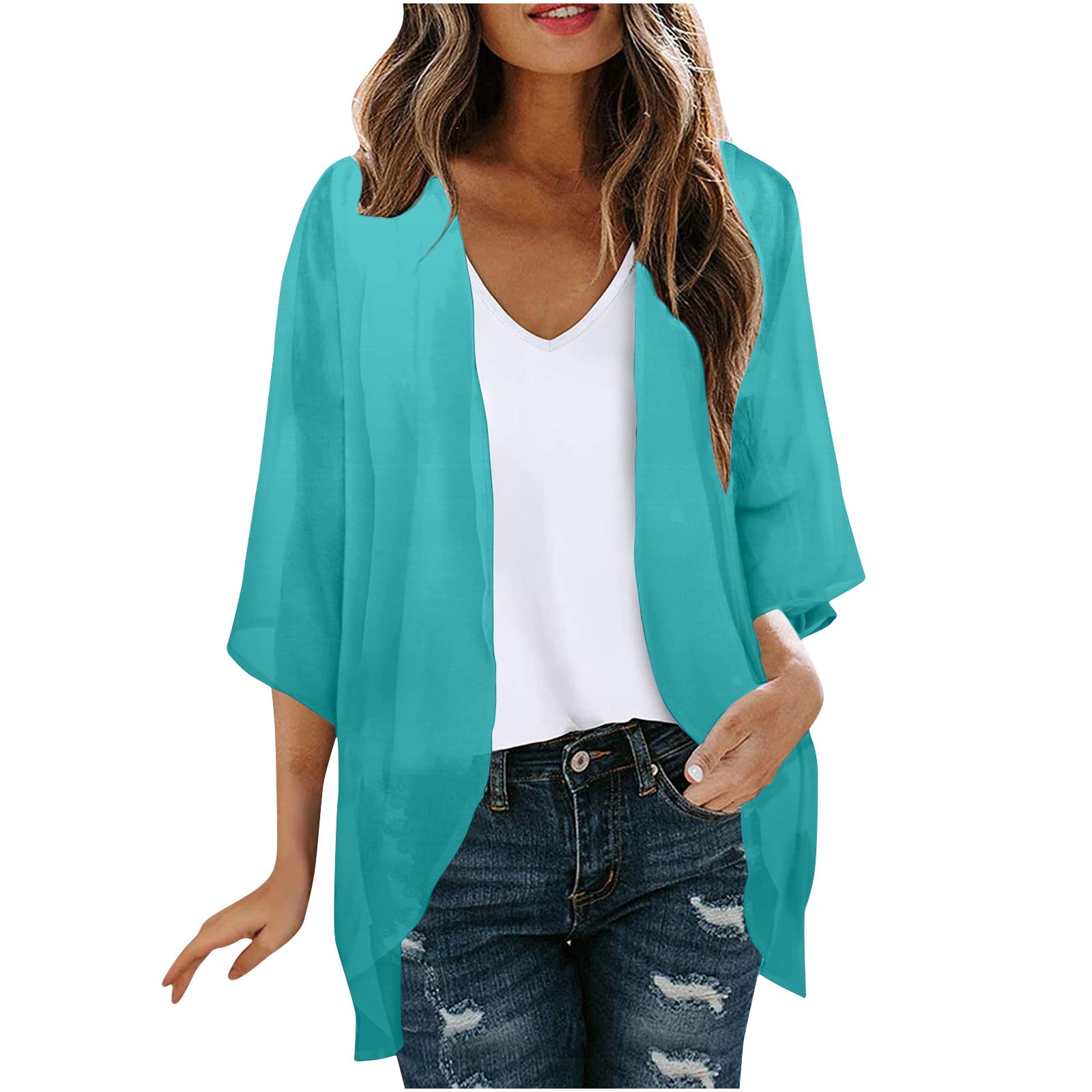 Brglopf Women Chiffon Kimono Cardigans Summer Casual 3/4 Sleeves Open — free download