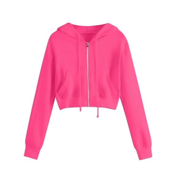 Brglopf Women Cropped Zip Up Hoodie Solid Color Zipper Crop Sweatshirt Long Sleeve Drawstring Jacket Oversized Outwear Coats with Pockets Red L