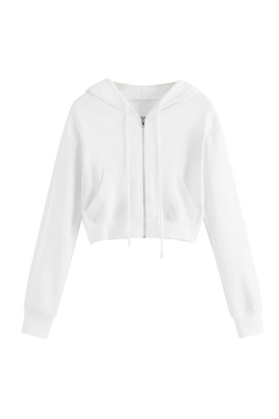 Women Cropped Zip Up Hoodie Solid Color Zipper Short Crop Sweatshirt Jacket Sweater Oversized Outwear Coats with Pockets White L