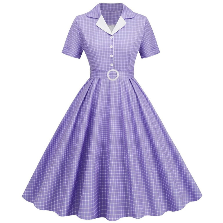 Brglopf Women Notch Lapel Vintage V Neck Cocktail Swing Dress 50s 60s Button up 1950s Rockabilly Prom Midi Evening Dress with Pockets Purple M