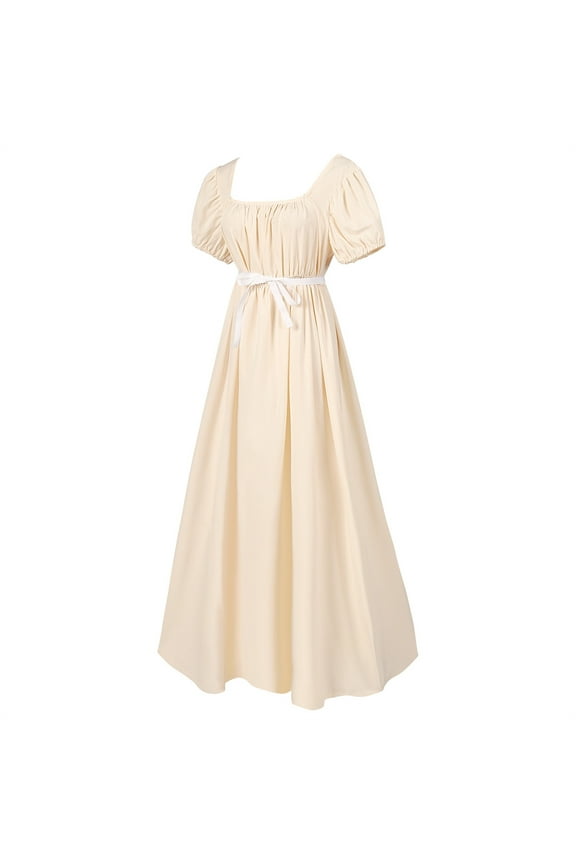 Women Retro Dress Square Neck Pleated Puff Sleeve Empire Waist Dresses Medieval Wedding Gown with Belt Beige M