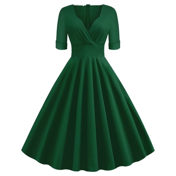 Brglopf Women Vintage 50s Retro Dress Wrap V Neck Half Sleeve Sold Color A-Line Swing Tea Dress Elegant Gown Cocktail Party Dresses Green S