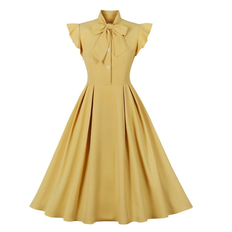 Brglopf Women Vintage Tie Neck Cocktail Swing Dress 50s 60s Button up 1950s Rockabilly Prom Midi Evening Dress with Pockets Yellow M Walmart