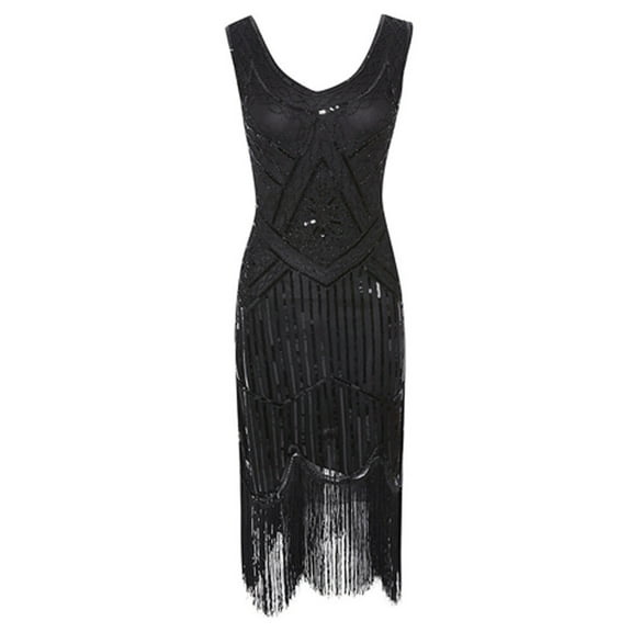 Brglopf Women's 1920s Flapper Dress Sequin Beaded V Neck Tassels Hem Vintage Cocktail Party Dresses Black L