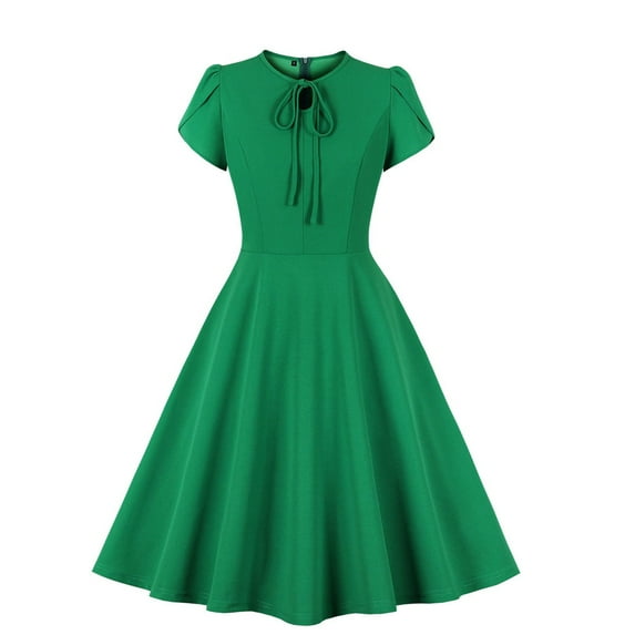 Brglopf Women's 1940s Vintage A Line Swing Dress Keyhole Tie Short Sleeve Dress Crew Neck Solid Color Work Dress Cocktail Party Dresses Green XL