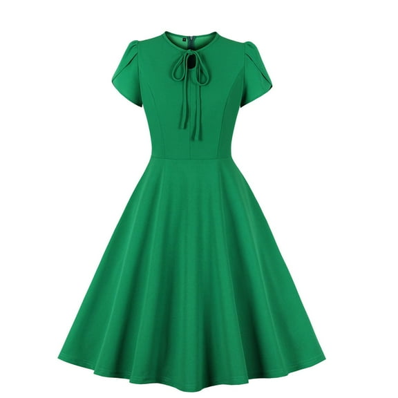 Brglopf Women's 1940s Vintage A Line Swing Dress Keyhole Tie Short Sleeve Dress Crew Neck Solid Color Work Dress Cocktail Party Dresses Green XXL