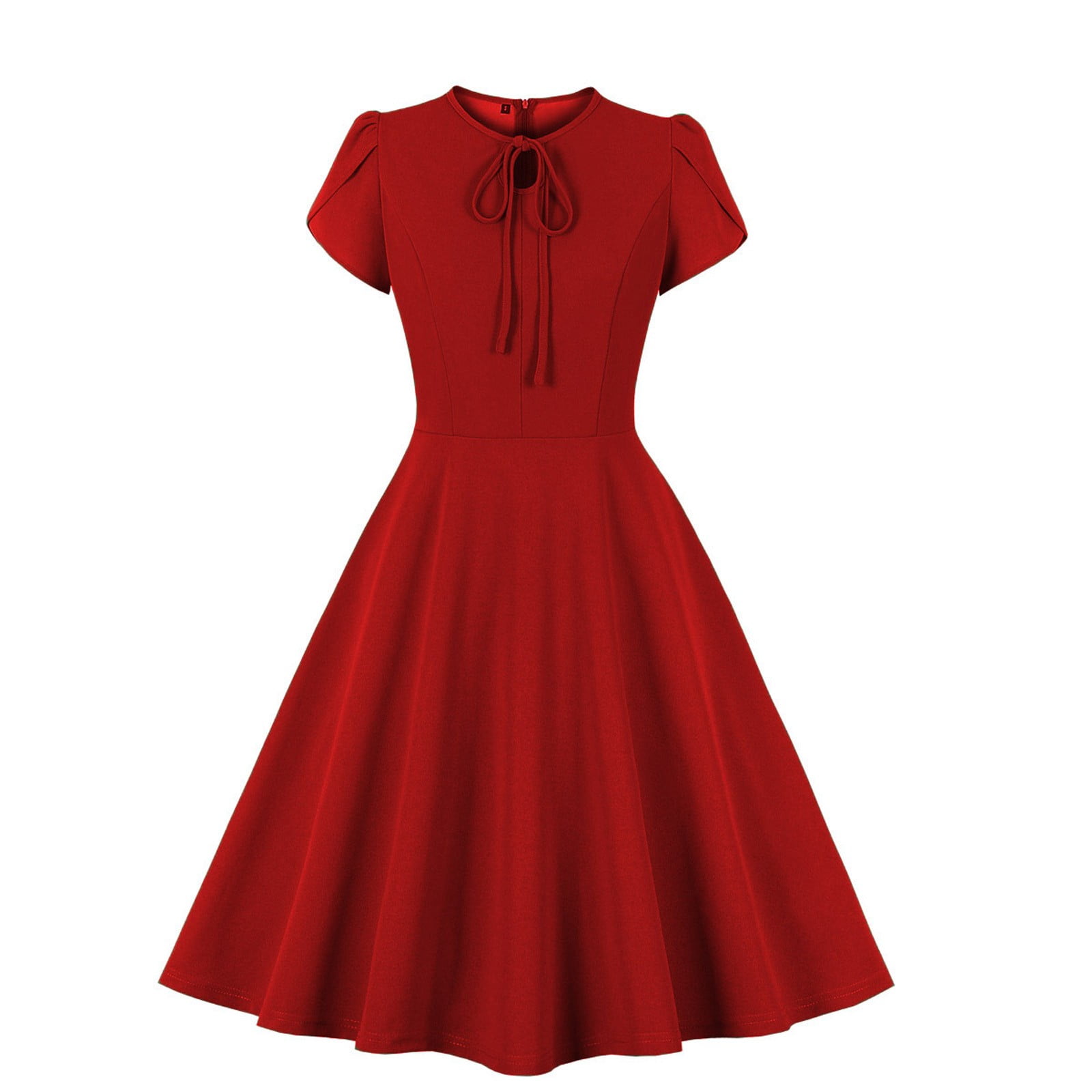 Brglopf Women's 1940s Vintage A Line Swing Dress Keyhole Tie Short Sleeve  Dress Crew Neck Solid Color Work Dress Cocktail Party Dresses Red M -  Walmart.com