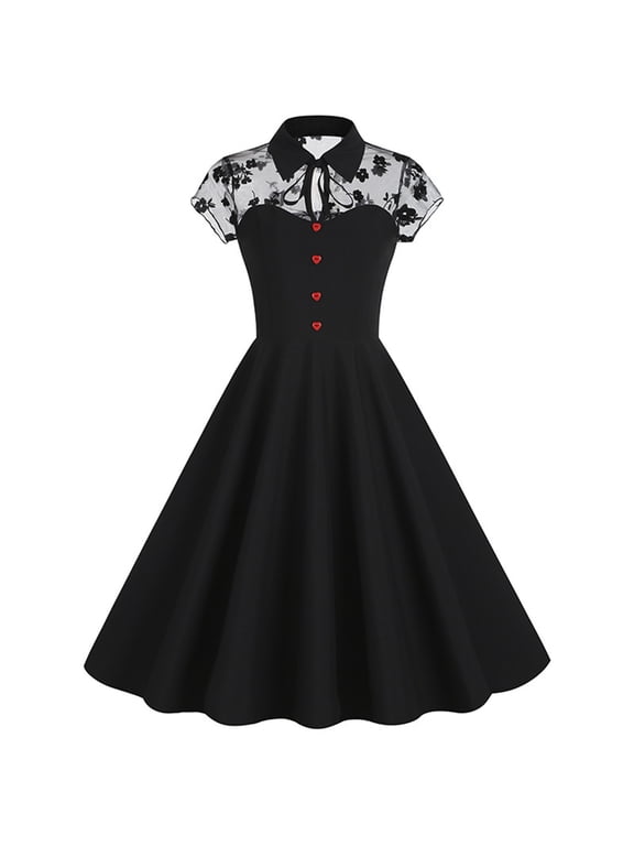 Women's 1950s Vintage Dress Audrey Hepburn Cocktail Party Dress Tie Neck Button Floral Lace Retro Rockabilly Prom Party Swing Dresses Red M