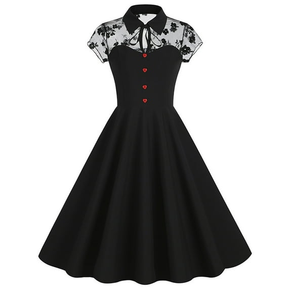 Brglopf Women's 1950s Vintage Dress Audrey Hepburn Cocktail Party Dress Tie Neck Button Floral Lace Retro Rockabilly Prom Party Swing Dresses Red S