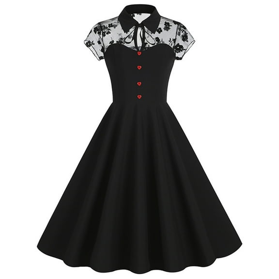 Brglopf Women's 1950s Vintage Dress Audrey Hepburn Cocktail Party Dress Tie Neck Button Floral Lace Retro Rockabilly Prom Party Swing Dresses Red S