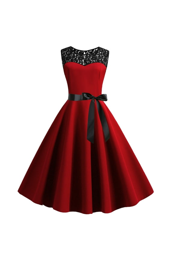 Women's 1950s Vintage Rockabilly Swing Dress Crew Neck Floral Lace Cocktail Party Dress Wedding Prom Evening Dresses Wine Red M