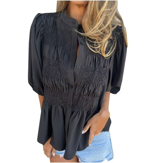 Brglopf Women's 2025 Summer Short Lantern Sleeve Tops Loose Fit Button Down Shirt Casual Pleated V Neck Babydoll Peplum Blouses(Black,3XL)
