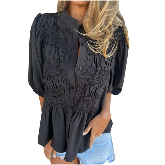 Brglopf Women's 2025 Summer Short Lantern Sleeve Tops Loose Fit Button Down Shirt Casual Pleated V Neck Babydoll Peplum Blouses(Black,L)
