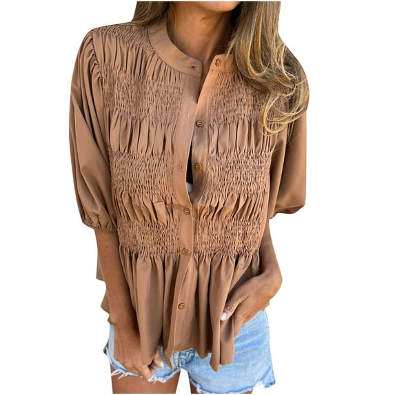 Brglopf Women's 2025 Summer Short Lantern Sleeve Tops Loose Fit Button Down Shirt Casual Pleated V Neck Babydoll Peplum Blouses(Brown,3XL)