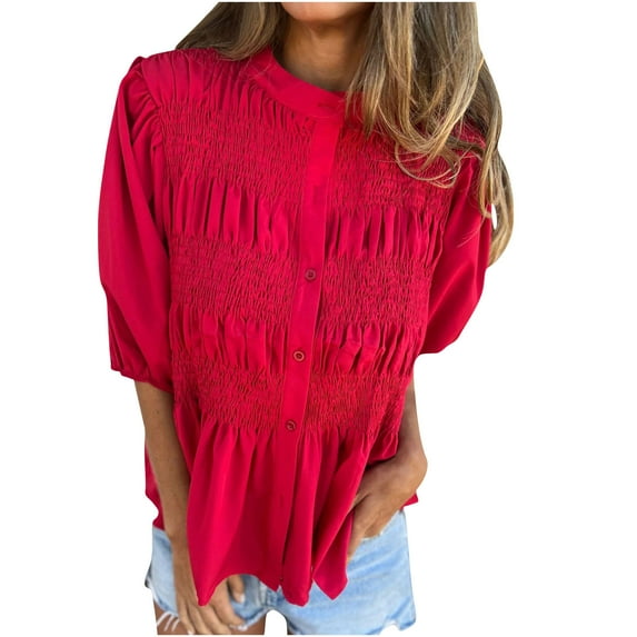 Brglopf Women's 2025 Summer Short Lantern Sleeve Tops Loose Fit Button Down Shirt Casual Pleated V Neck Babydoll Peplum Blouses(Red,L)